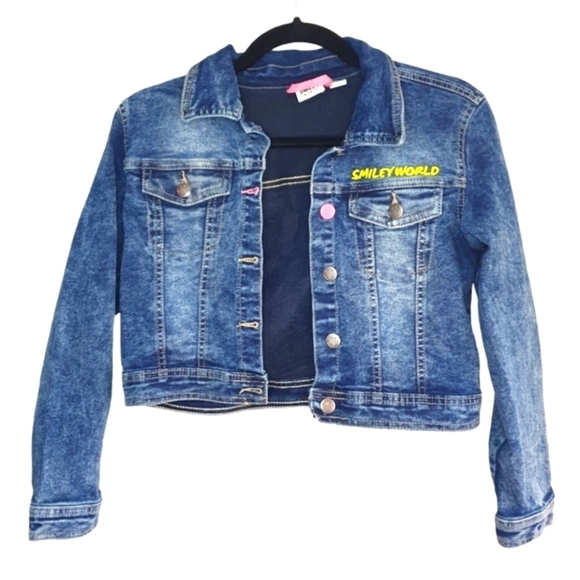 SMILEY WORLD Kids Cropped Punk Jean Trucker Jacket Yellow Smiley Face Girl Sz 12 - Picture 3 of 10